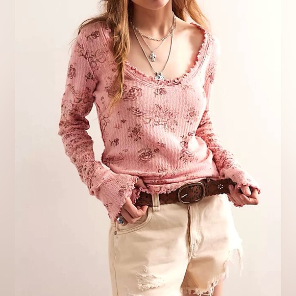 🌻🆕FREE PEOPLE We The Free Clover Printed Thermal-Pink Combo-SIZE Large - Picture 5 of 14